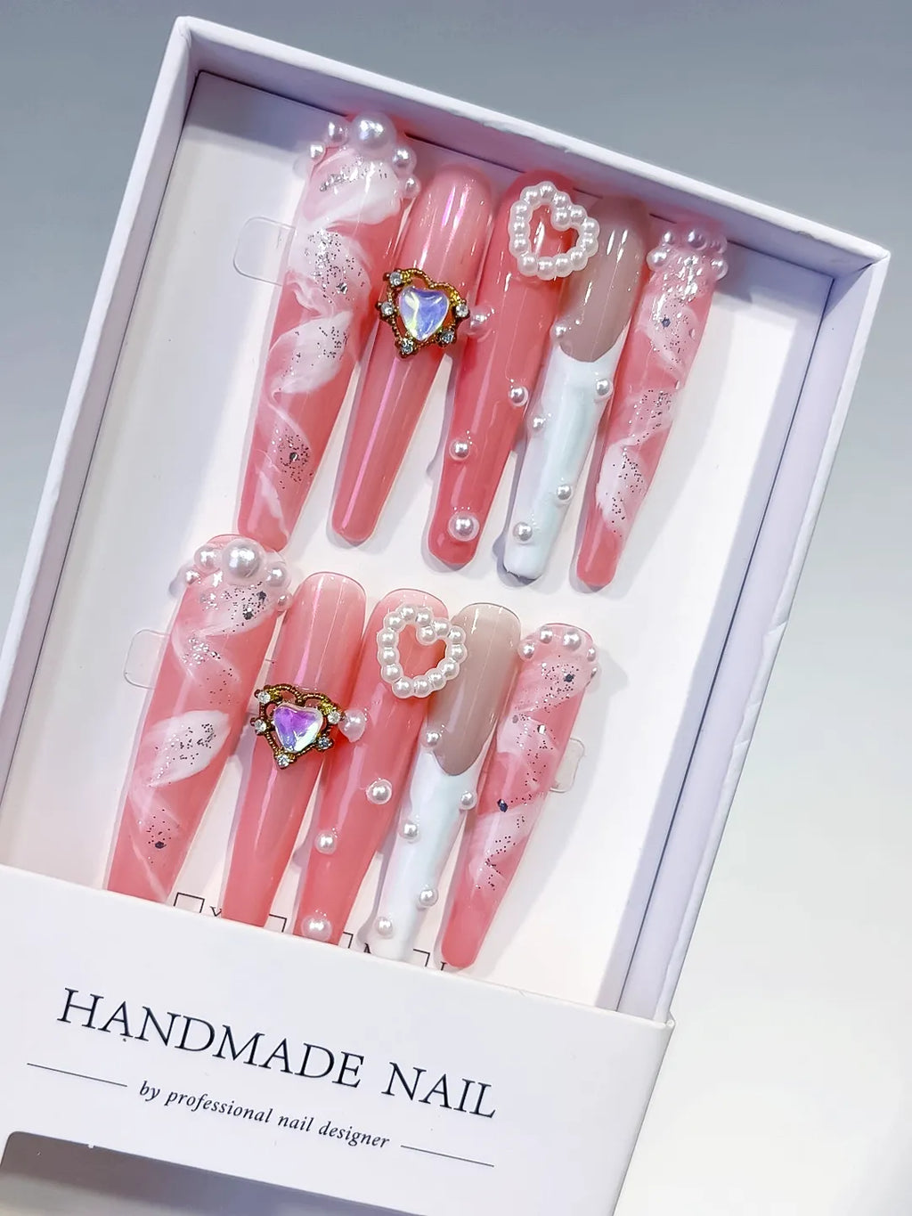 L207 - Long Pink White Coffin Glitter Heart Pearl