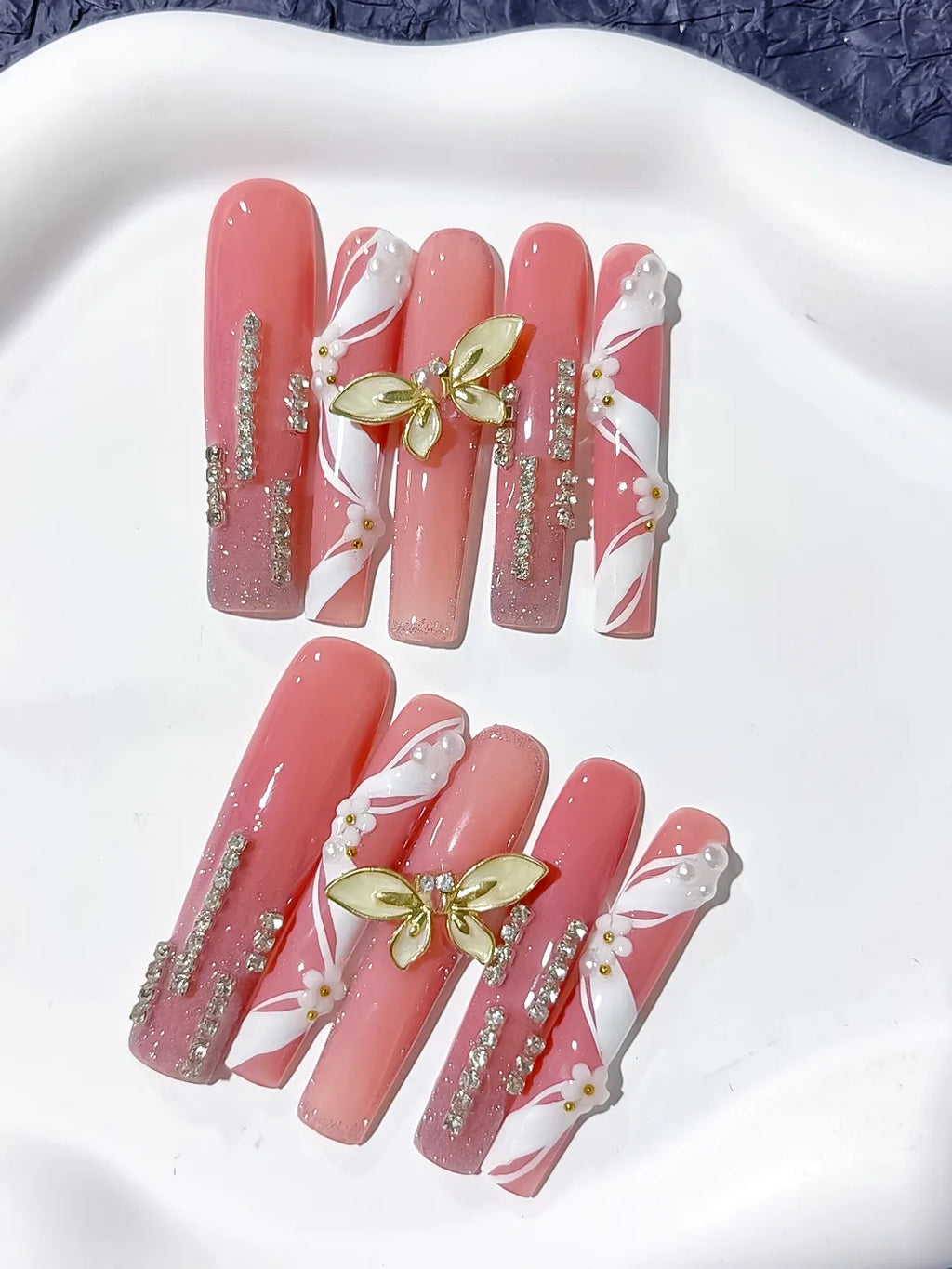 L208 - Long Pink White Square Abstract Butterfly Rhinestone