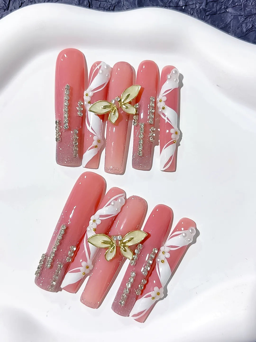 L208 - Long Pink White Square Abstract Butterfly Rhinestone