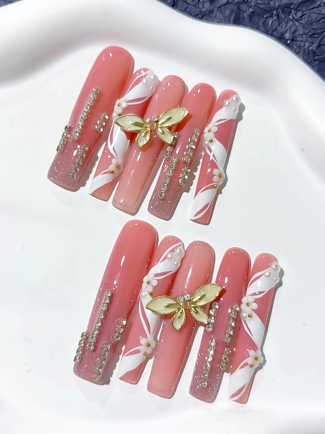 L208 - Long Pink White Square Abstract Butterfly Rhinestone