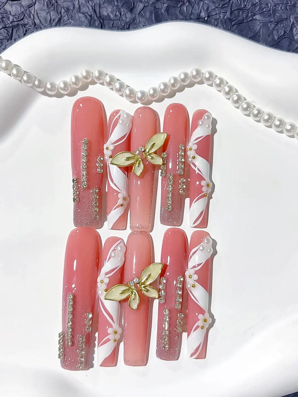 L208 - Long Pink White Square Abstract Butterfly Rhinestone