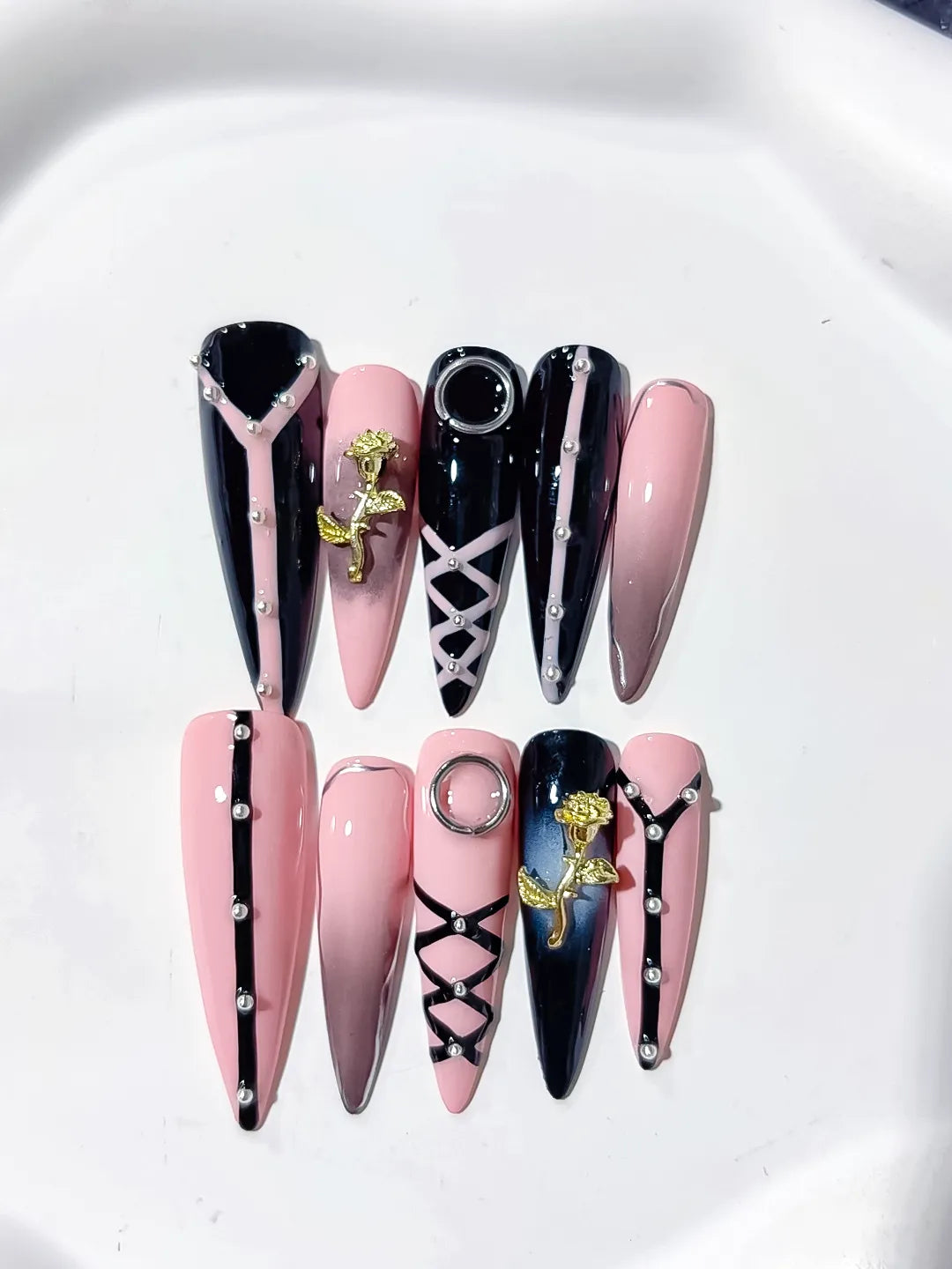 L212 - Short Pink Black Stiletto Abstract Rose Lattice