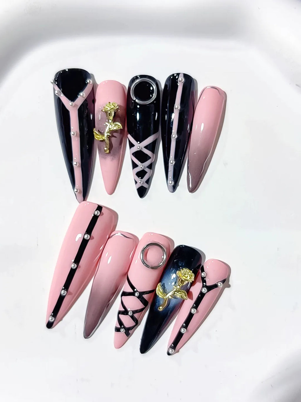 L212 - Short Pink Black Stiletto Abstract Rose Lattice