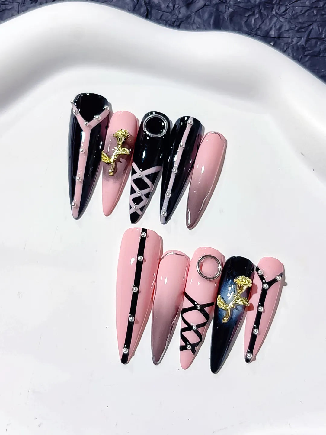 L212 - Short Pink Black Stiletto Abstract Rose Lattice