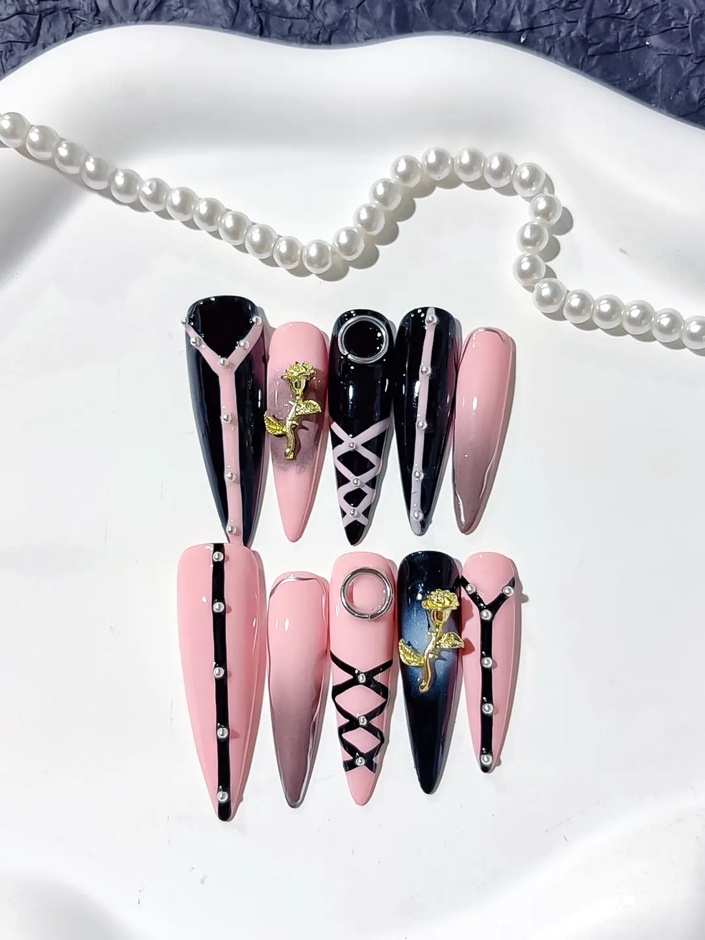L212 - Short Pink Black Stiletto Abstract Rose Lattice