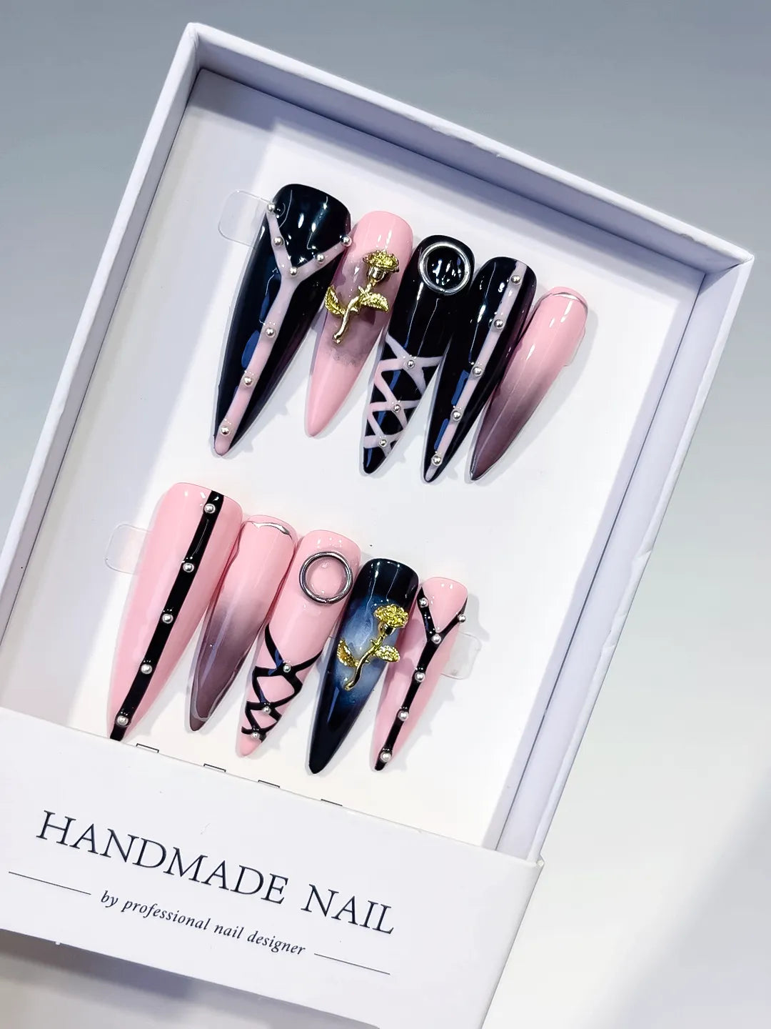 L212 - Short Pink Black Stiletto Abstract Rose Lattice