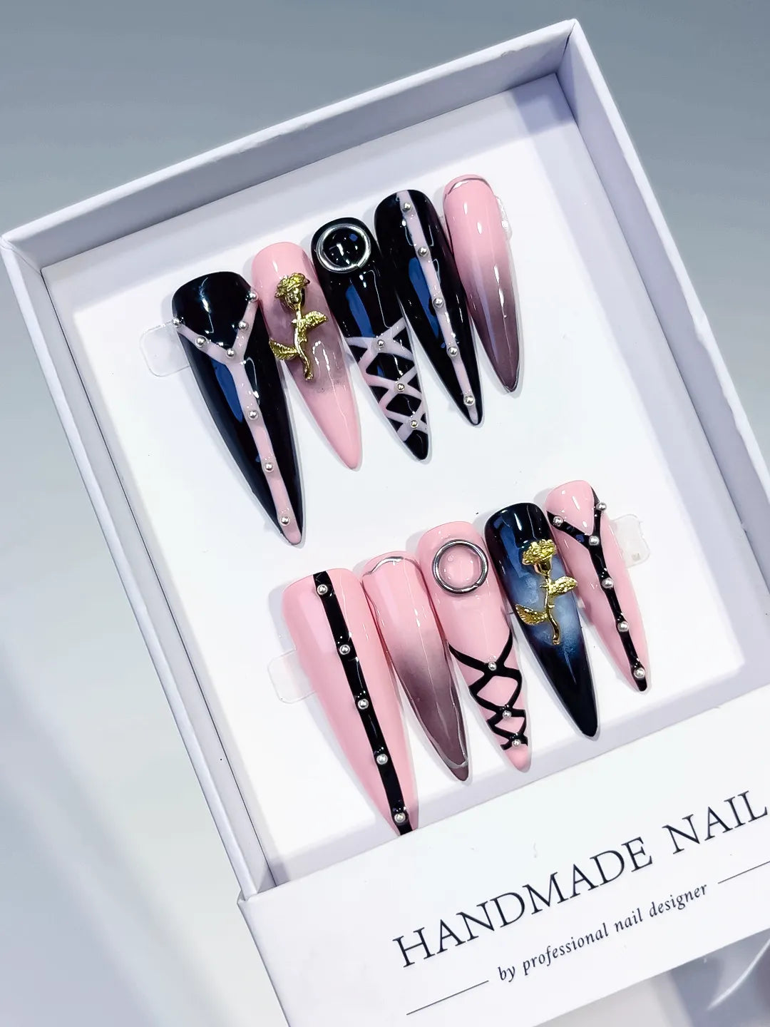 L212 - Short Pink Black Stiletto Abstract Rose Lattice
