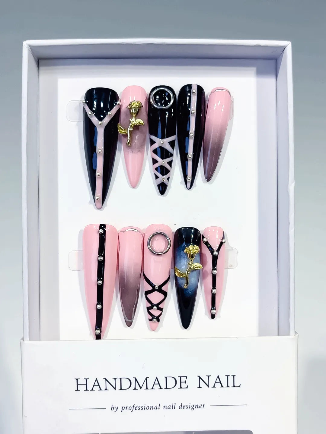 L212 - Short Pink Black Stiletto Abstract Rose Lattice