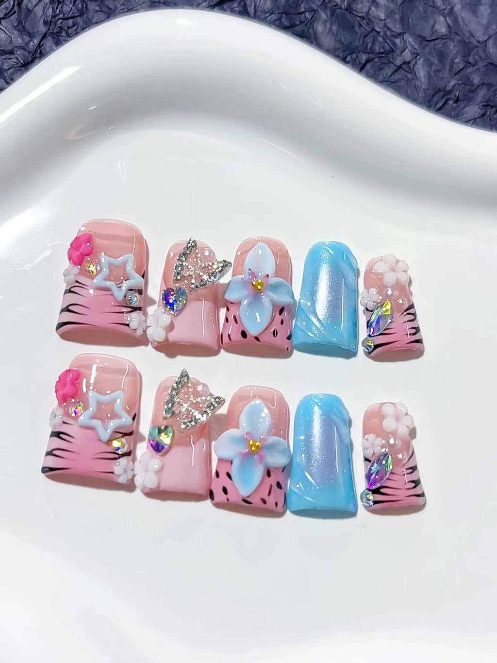 L213 - Short Pink Blue Duck Abstract Flower Butterfly
