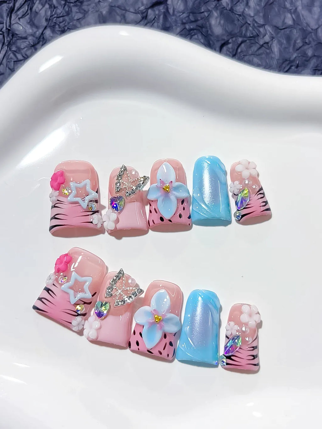L213 - Short Pink Blue Duck Abstract Flower Butterfly
