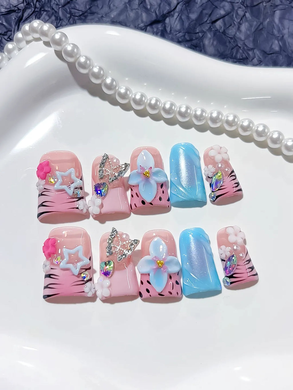 L213 - Short Pink Blue Duck Abstract Flower Butterfly