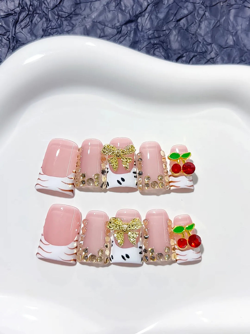 L214 - Short Pink White Duck French tip Bow Cherry