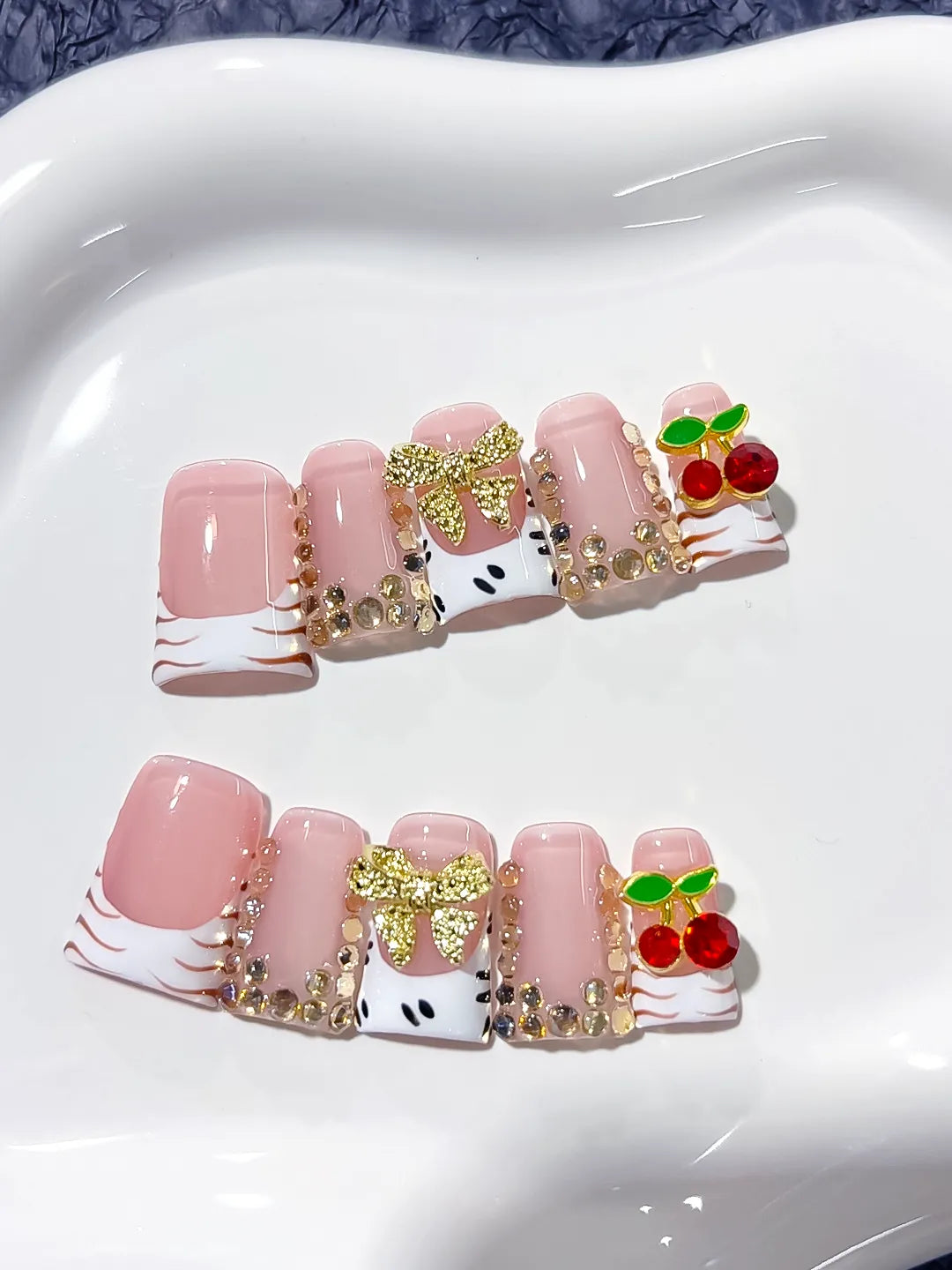 L214 - Short Pink White Duck French tip Bow Cherry