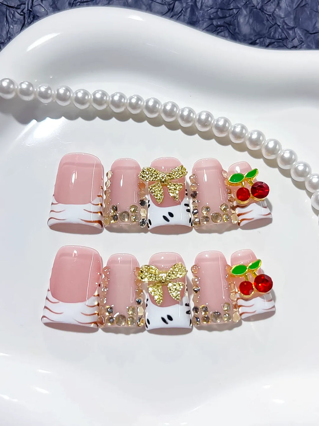 L214 - Short Pink White Duck French tip Bow Cherry
