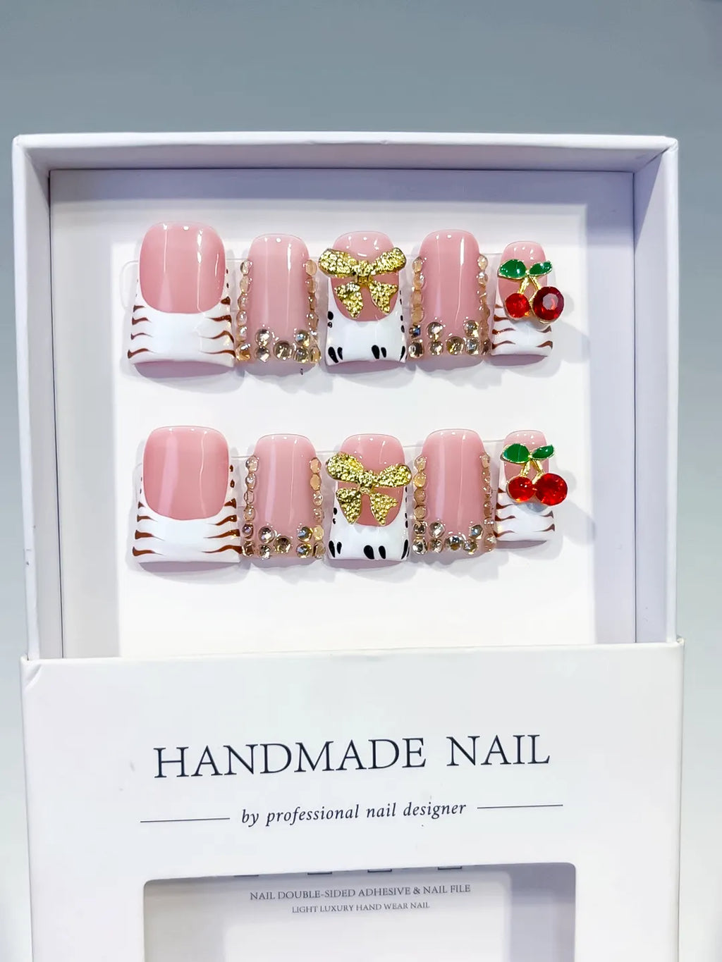 L214 - Short Pink White Duck French tip Bow Cherry