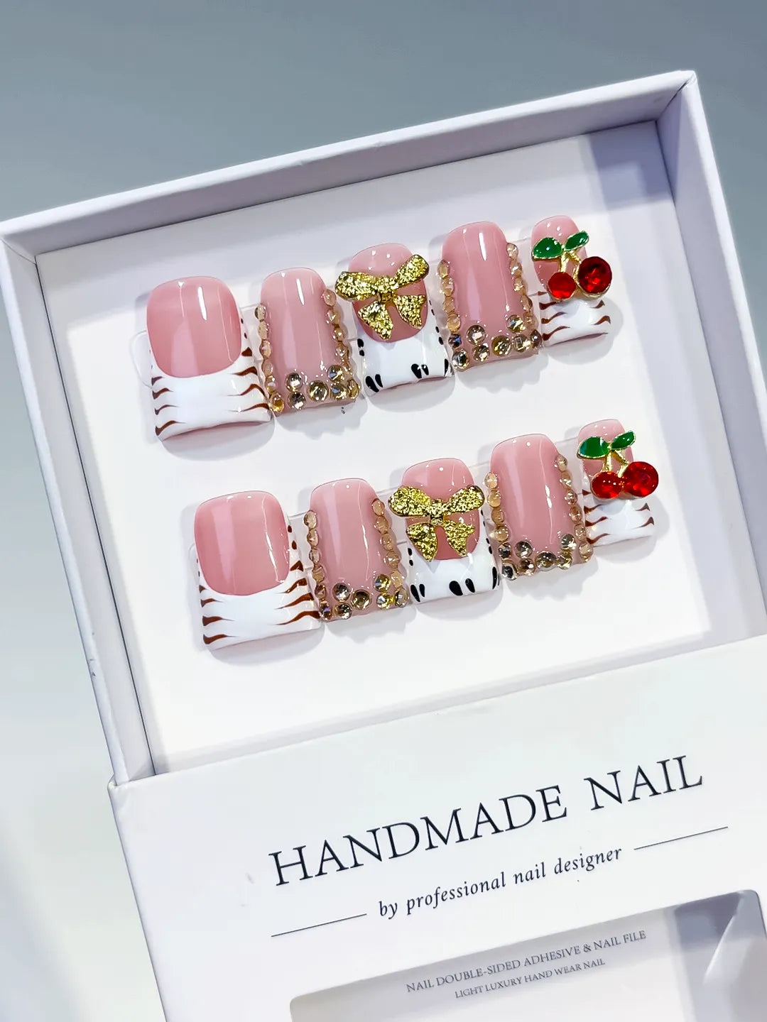 L214 - Short Pink White Duck French tip Bow Cherry