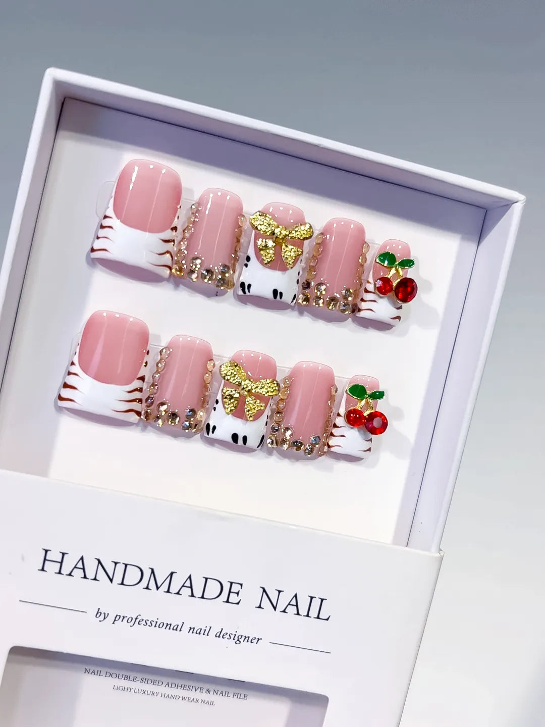 L214 - Short Pink White Duck French tip Bow Cherry