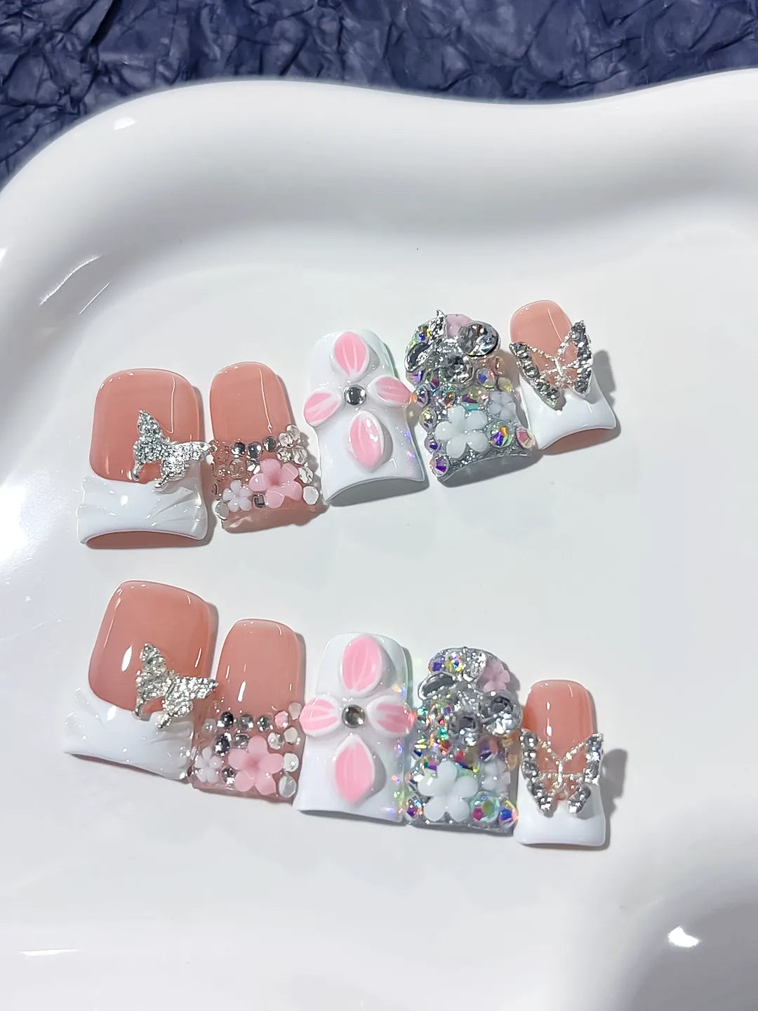 L215 - Short Nude White Duck French tip Butterfly Flower