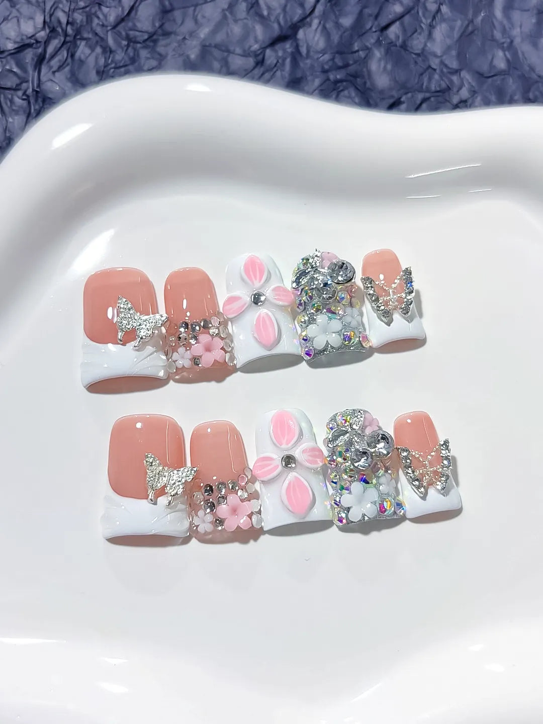 L215 - Short Nude White Duck French tip Butterfly Flower