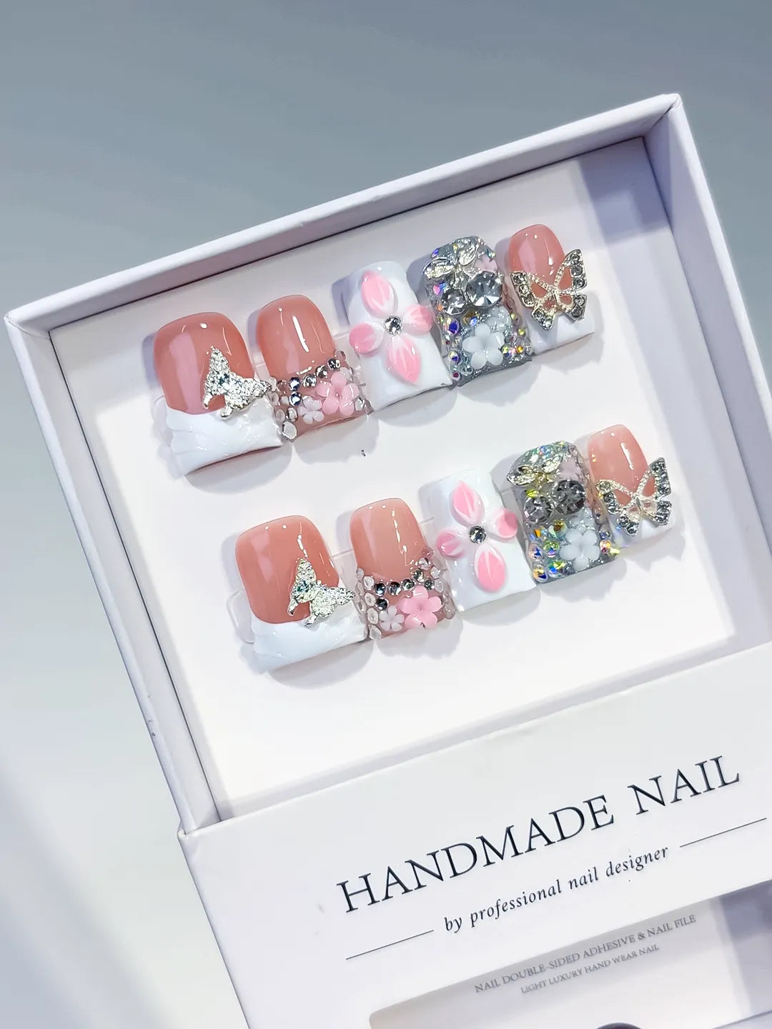 L215 - Short Nude White Duck French tip Butterfly Flower