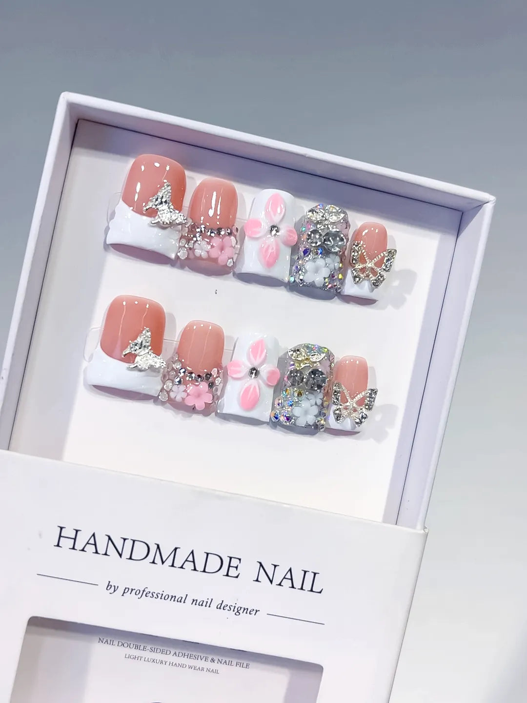 L215 - Short Nude White Duck French tip Butterfly Flower
