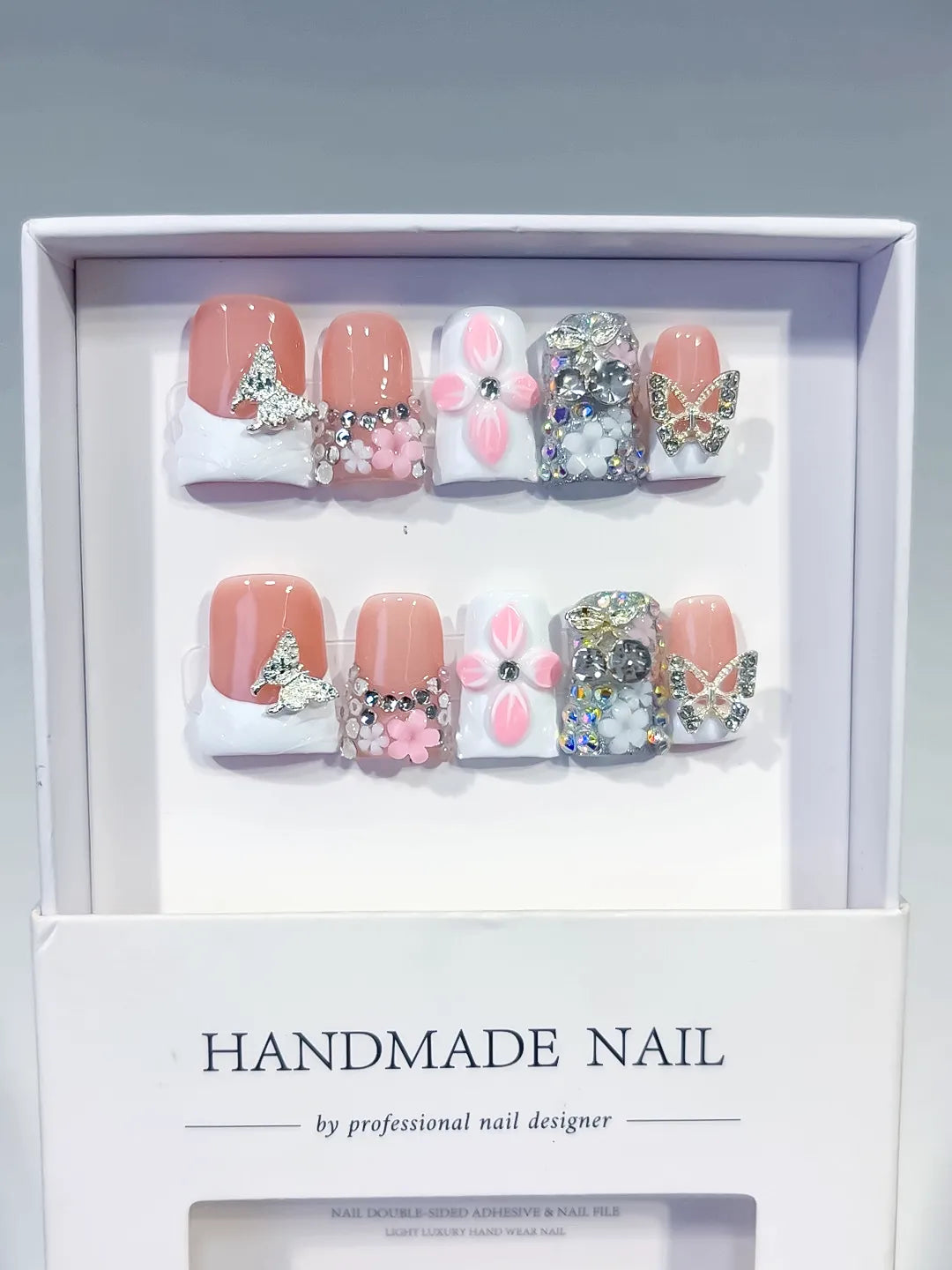 L215 - Short Nude White Duck French tip Butterfly Flower
