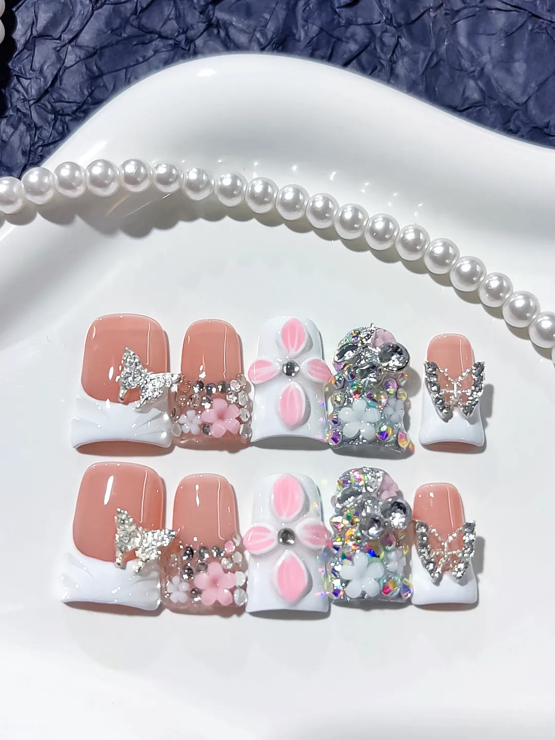 L215 - Short Nude White Duck French tip Butterfly Flower