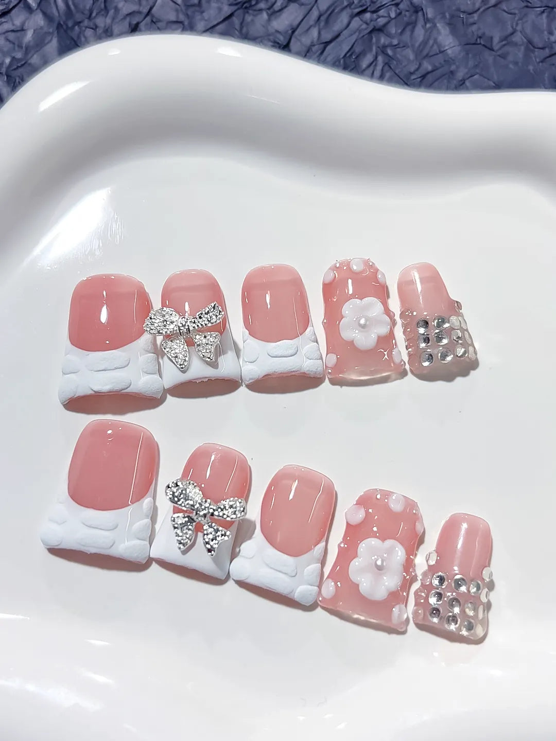 L216 - Short Pink White Duck French tip Bow Flower