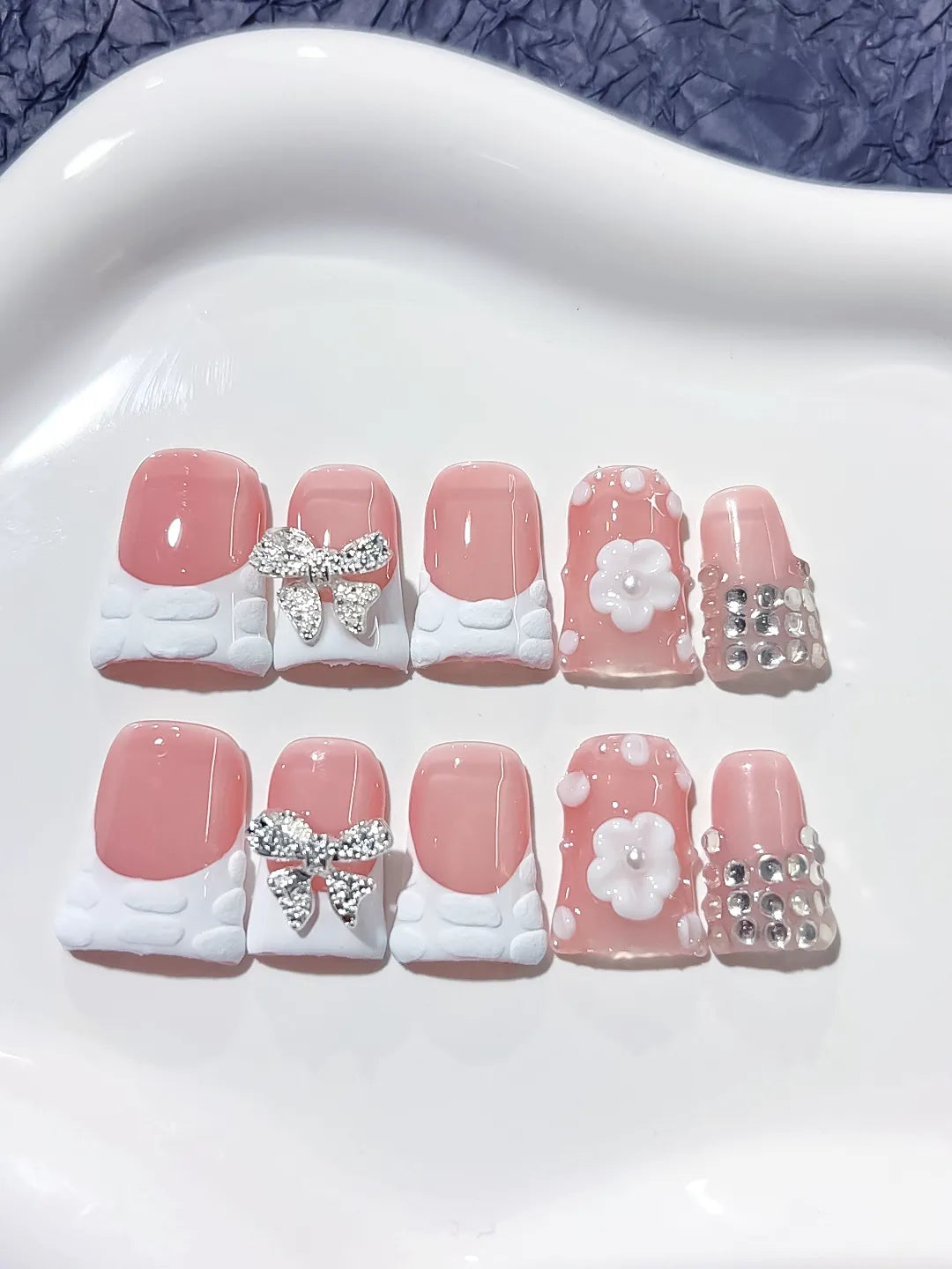 L216 - Short Pink White Duck French tip Bow Flower