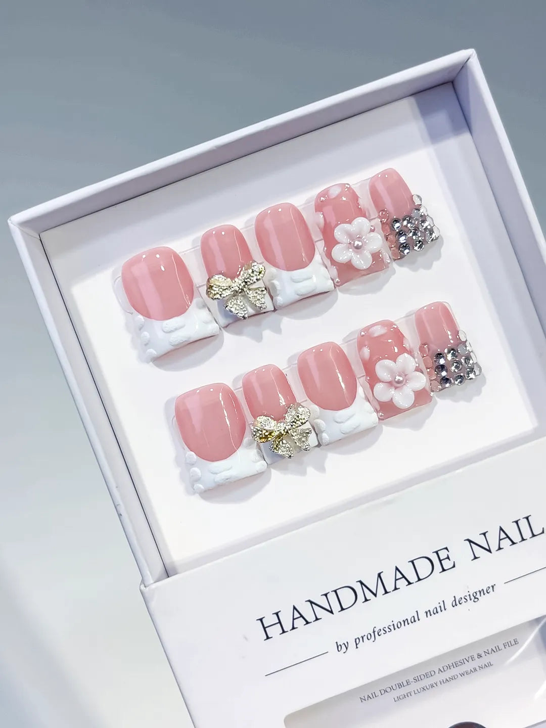 L216 - Short Pink White Duck French tip Bow Flower