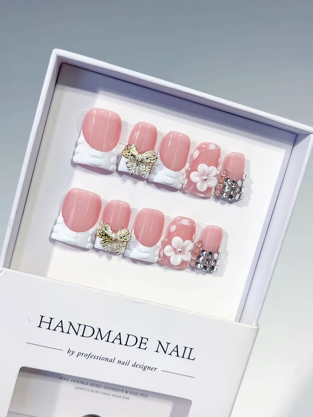 L216 - Short Pink White Duck French tip Bow Flower