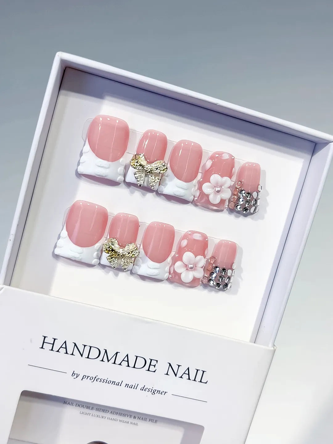 L216 - Short Pink White Duck French tip Bow Flower