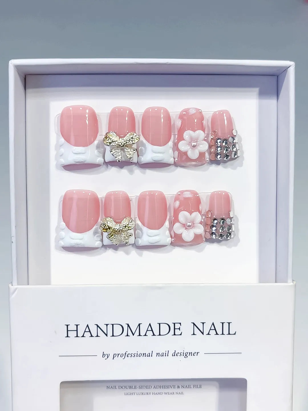 L216 - Short Pink White Duck French tip Bow Flower