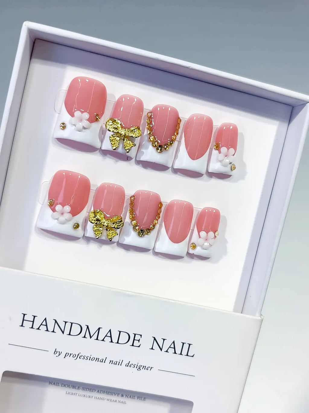 L217 - Short Pink White Duck French tip Bow Flower