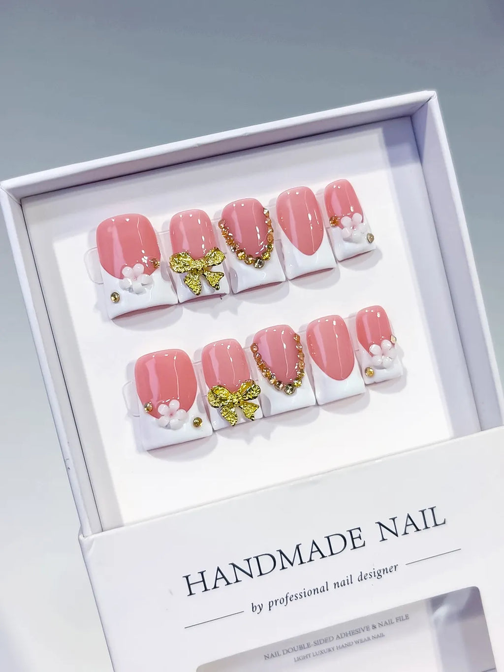 L217 - Short Pink White Duck French tip Bow Flower