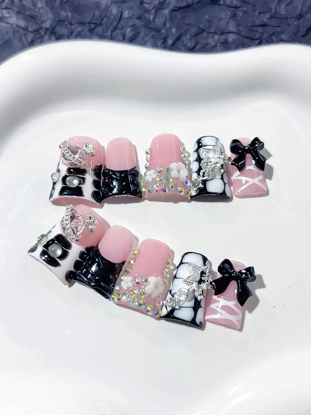 L225 - Short Pink Black Duck Abstract Bow Heart