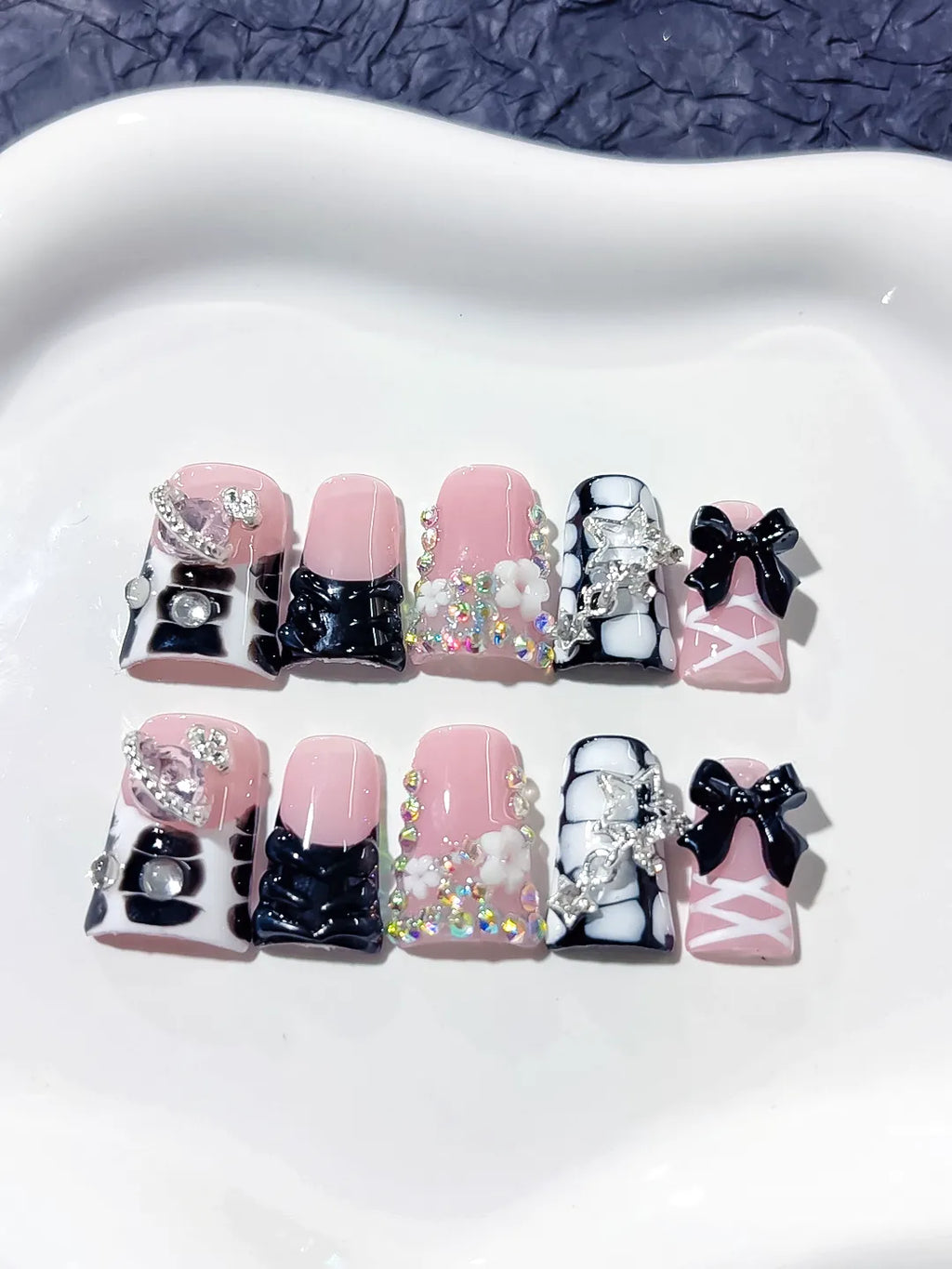 L225 - Short Pink Black Duck Abstract Bow Heart