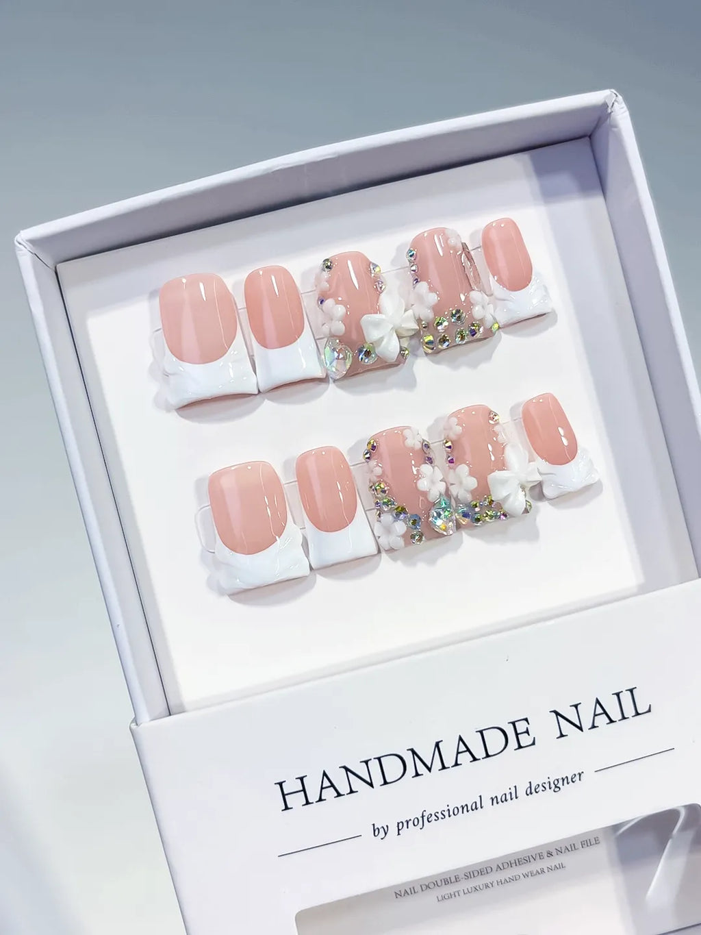 L229 - Short Nude White Duck French tip Flower Rhinestone