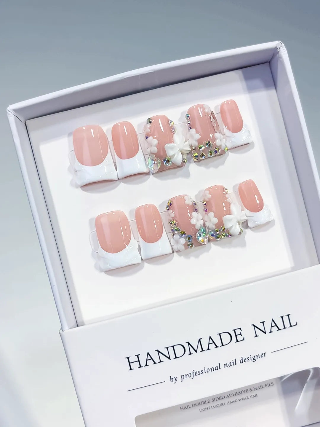 L229 - Short Nude White Duck French tip Flower Rhinestone