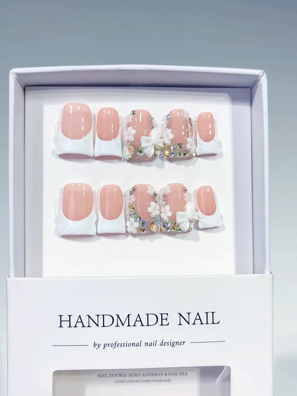L229 - Short Nude White Duck French tip Flower Rhinestone