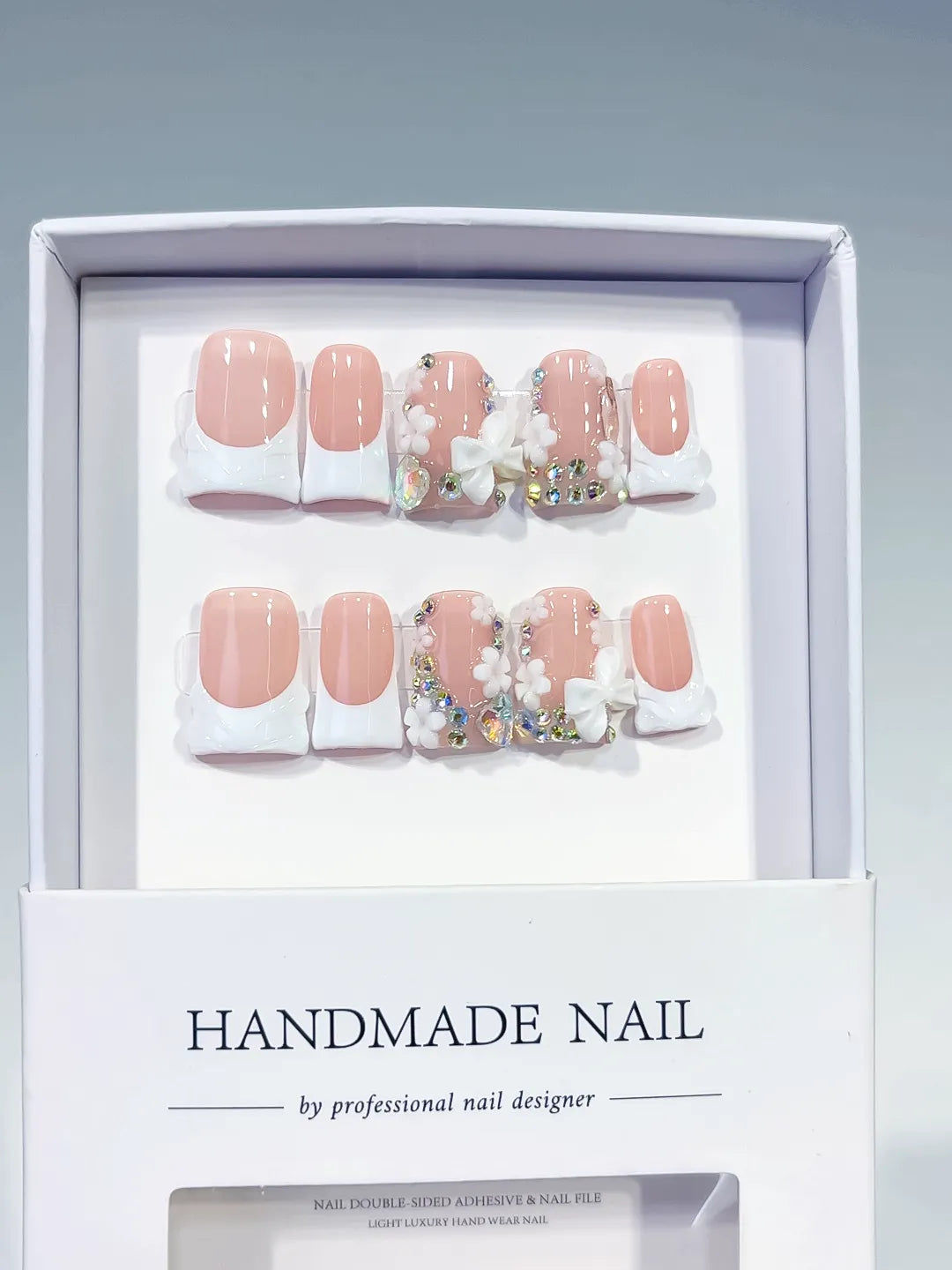 L229 - Short Nude White Duck French tip Flower Rhinestone