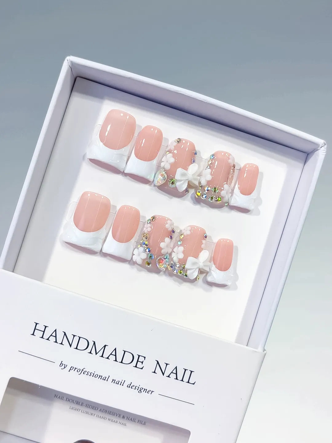 L229 - Short Nude White Duck French tip Flower Rhinestone