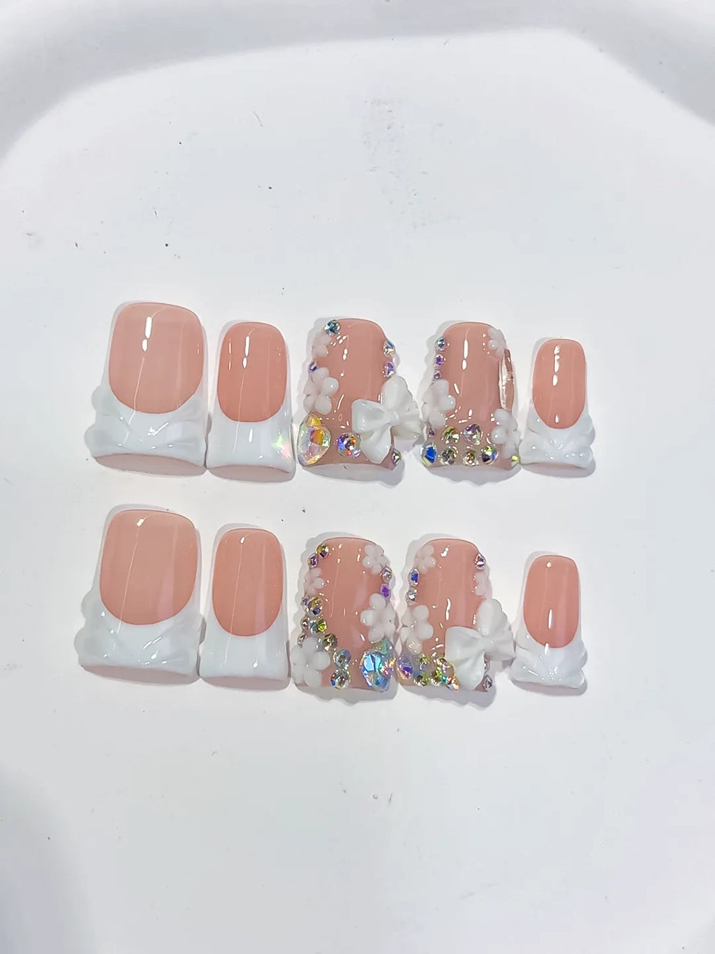 L229 - Short Nude White Duck French tip Flower Rhinestone