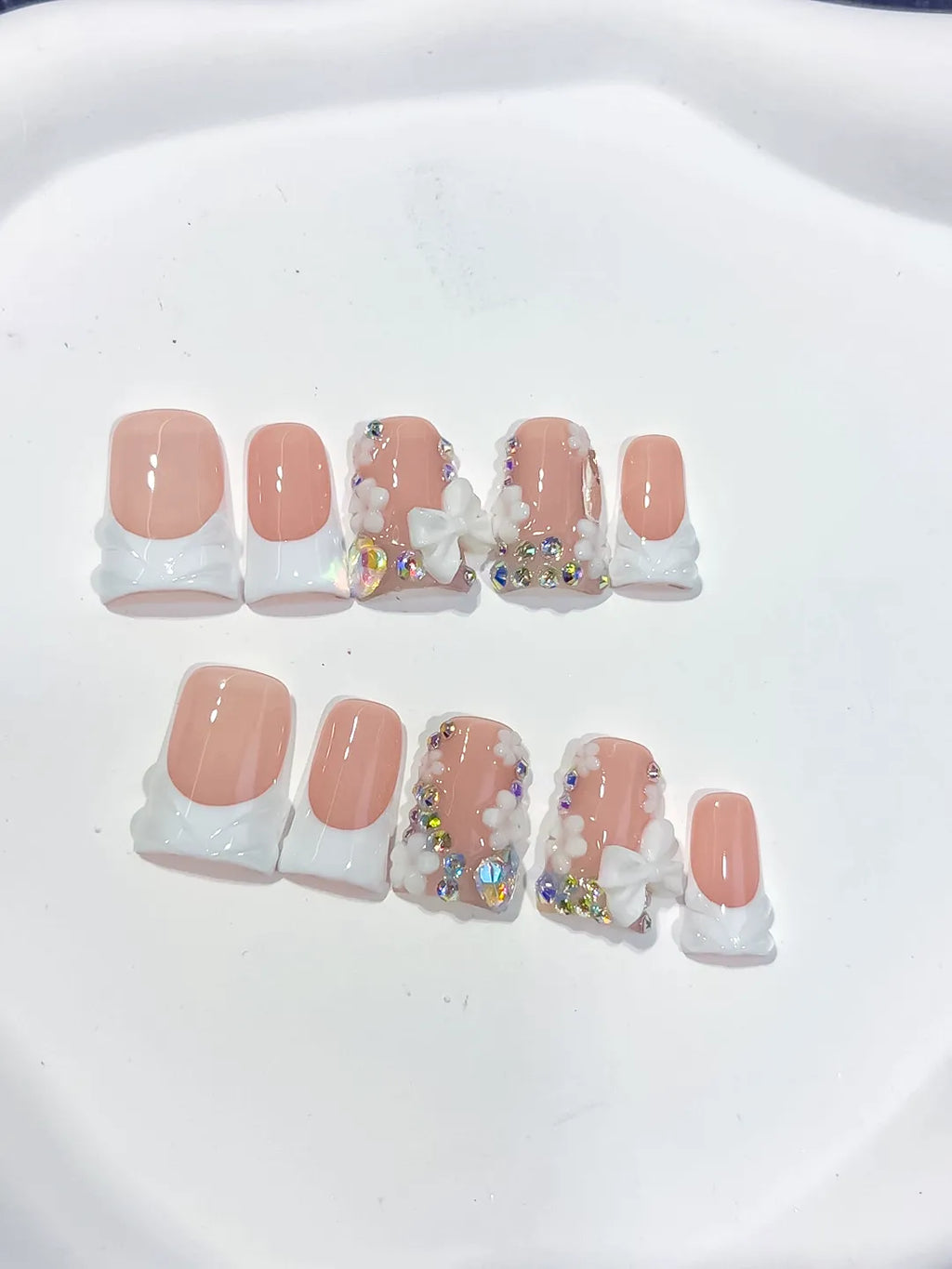 L229 - Short Nude White Duck French tip Flower Rhinestone