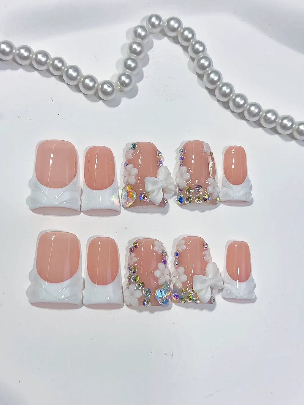 L229 - Short Nude White Duck French tip Flower Rhinestone