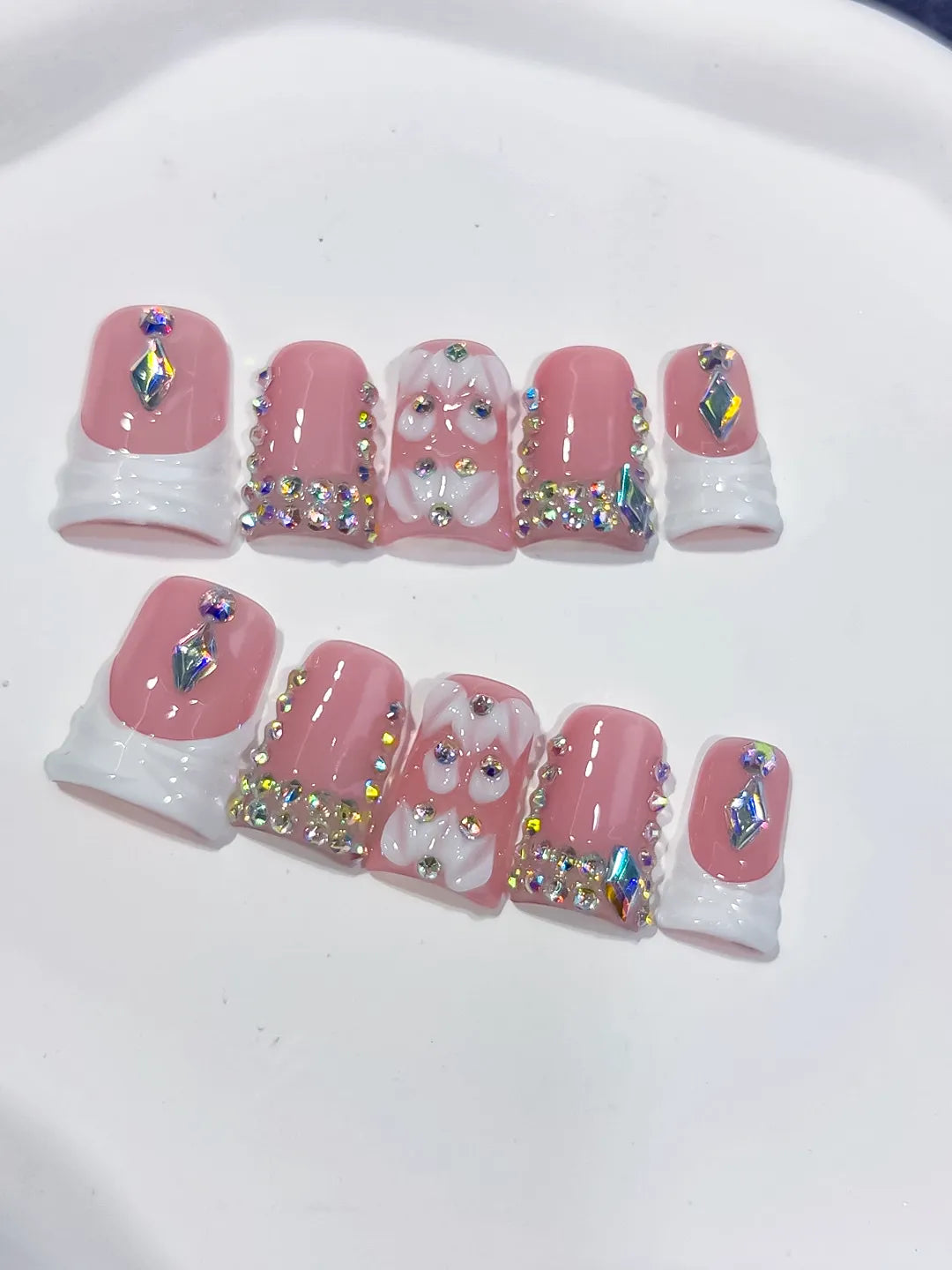 L231 - Short Pink White Duck French tip Bow Rhinestone
