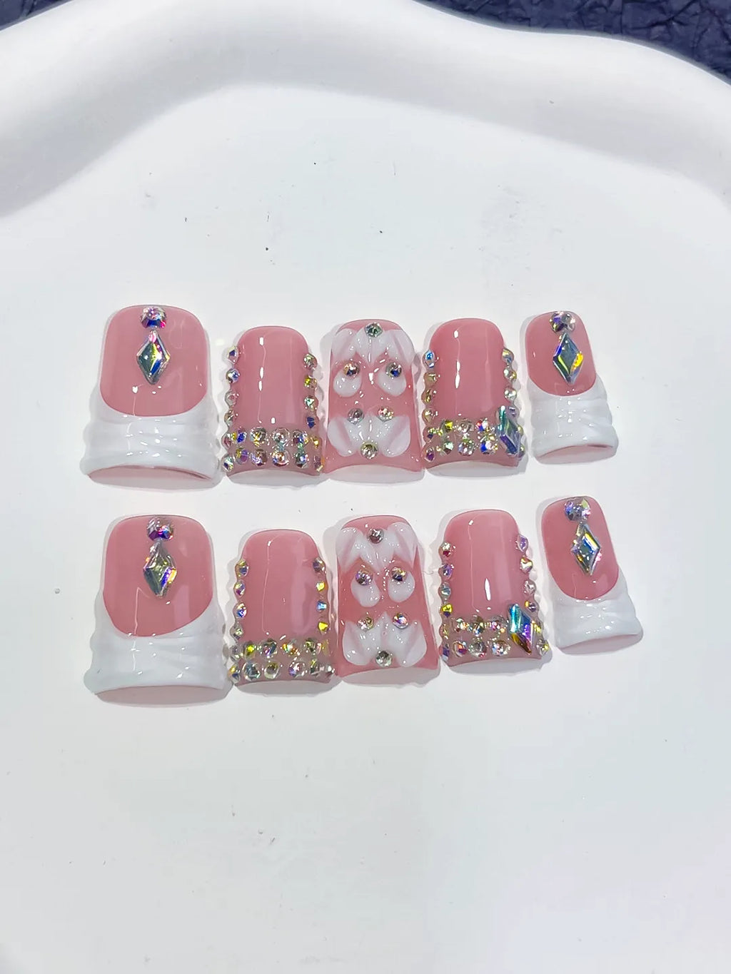 L231 - Short Pink White Duck French tip Bow Rhinestone