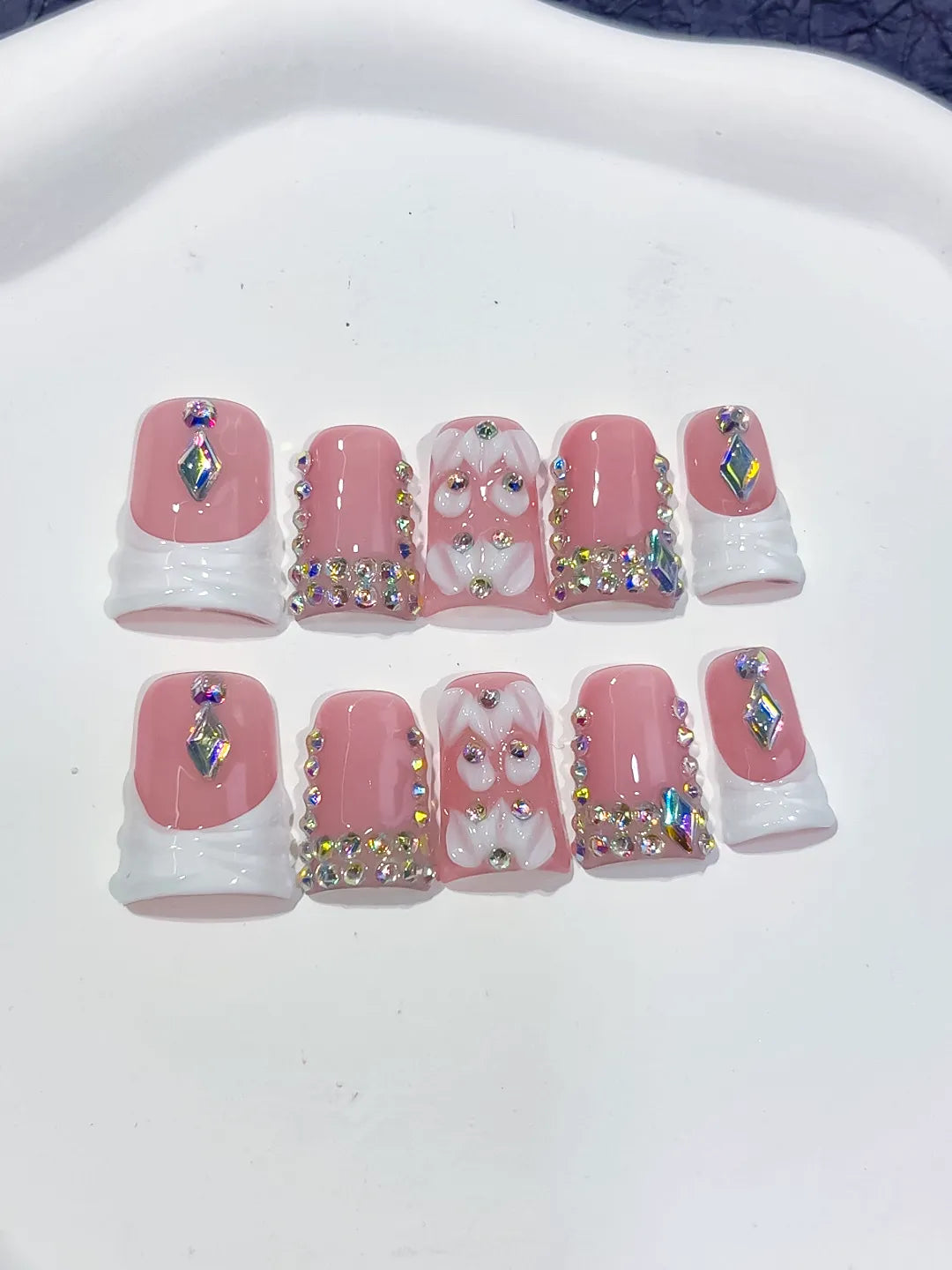 L231 - Short Pink White Duck French tip Bow Rhinestone