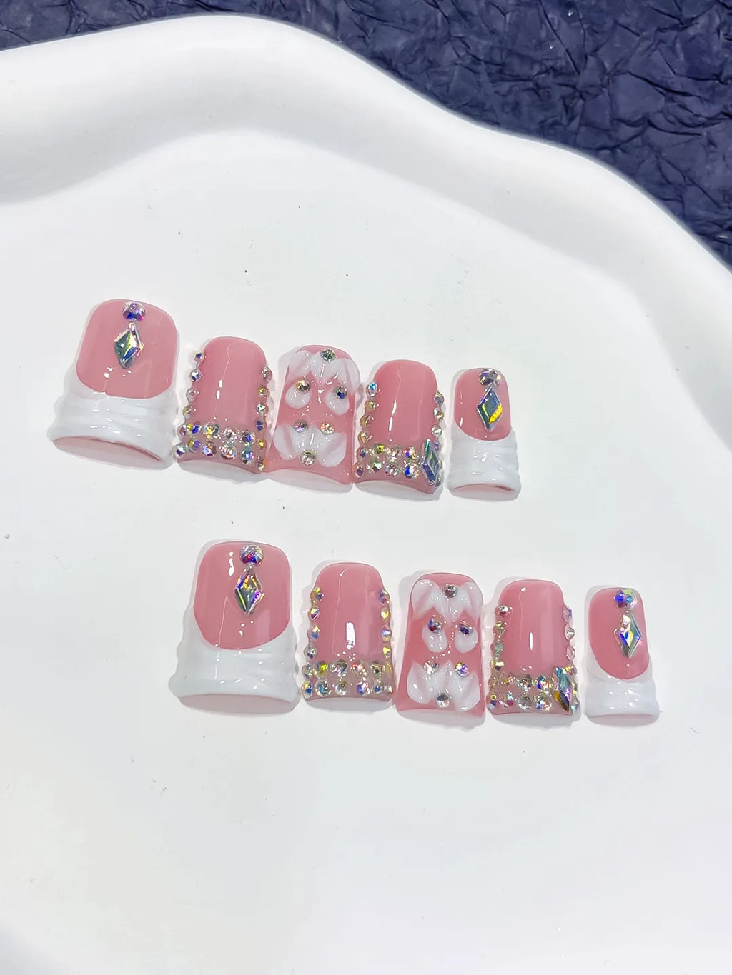 L231 - Short Pink White Duck French tip Bow Rhinestone