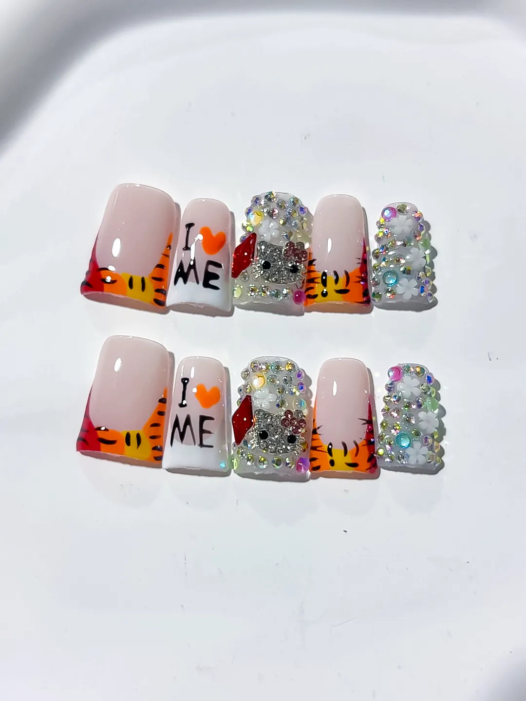 L238 - Short Nude White Duck Abstract Text Rhinestone